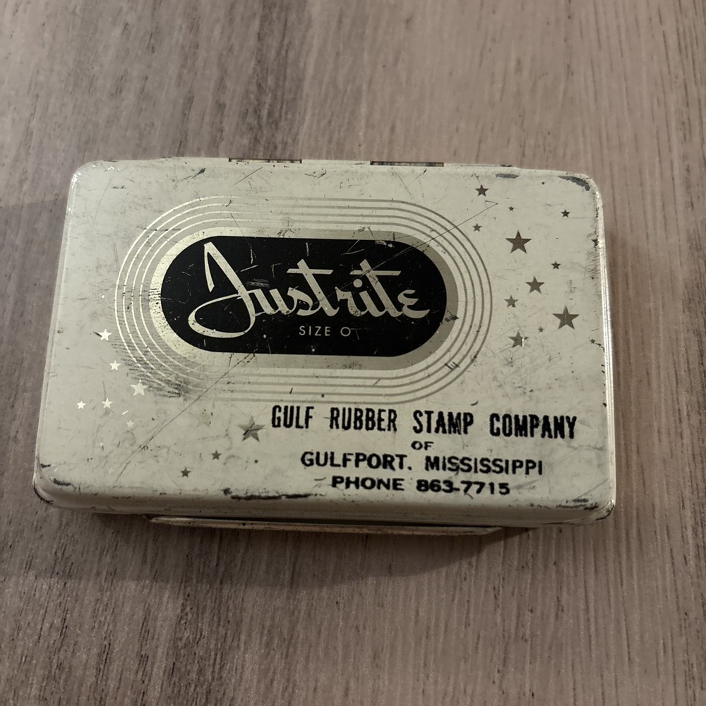 Antique Justrite Size O Gulf Rubber Stamp Co Gulfport Mississippi Ink Pad Tin